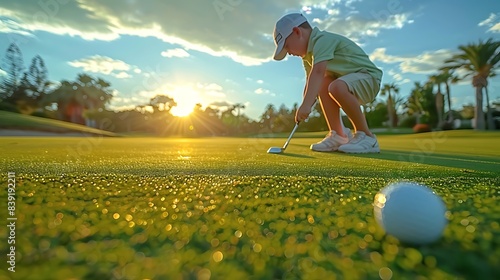 boy participating in a junior golf tournament lining up a perfect putt on the green with focus and precision photo