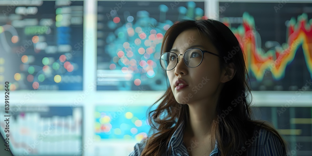 Young female data scientist reviewing risk management reports on large digital screen. Concept Data Science, Risk Management, Technology, Digital Screen, Professional Portrait Young female data scientist reviewing risk management reports on large digital screen. Concept Data Science, Risk Management, Technology, Digital Screen, Professional Portrait