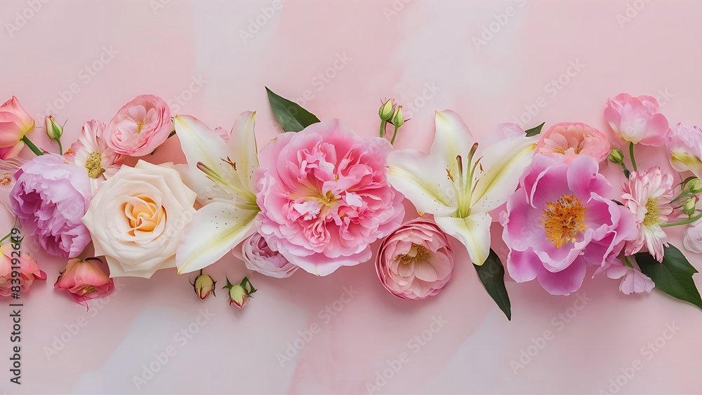 Flat lay composition with different beautiful flowers on pale pink background Flat lay composition with different beautiful flowers on pale pink background