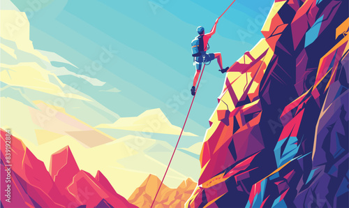 Mountain climber ascends rocky cliff colorful landscape backdrop. Solo adventurer climbing steep mountain safety gear vibrant colors. Male climber using rope scale cliff dynamic composition