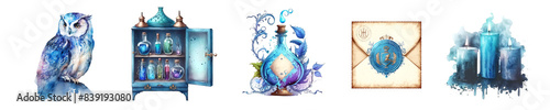 Witch's things and pets. A bottle of magic potion, an old letter, candles, a cabinet of potions and an owl. Watercolor clipart. Set of images isolated on white.
