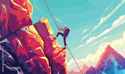 Male rock climber ascending steep cliff. Climber wearing helmet, harness, backpack, secured rope. Vibrant colors, mountainous landscape, adventure theme, cartoon style