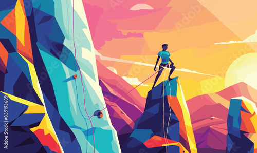 Mountaineer reaching summit colorful geometric landscape, climber standing mountain peak. Adventurous person conquering cliff vibrant sunset backdrop, outdoor achievement concept art. Extreme sport