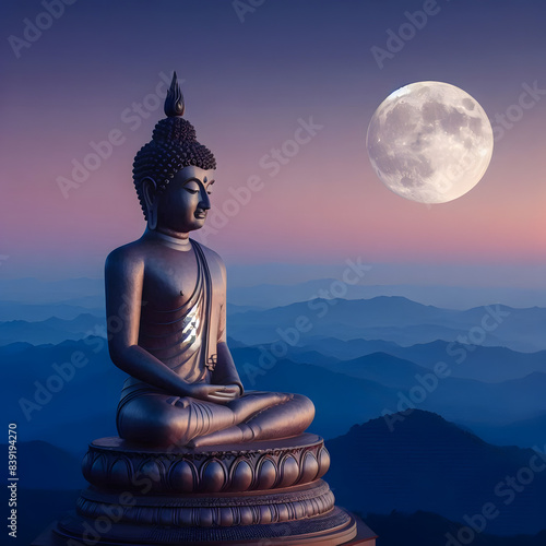 Buddha Beneath the Moon - Buddha statue sitting on a lotus flower