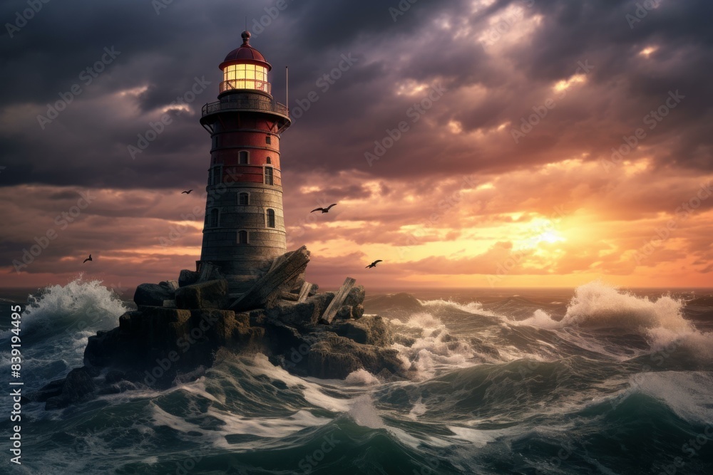 Obraz premium Serene sunset backdrop with a classic lighthouse standing against crashing ocean waves