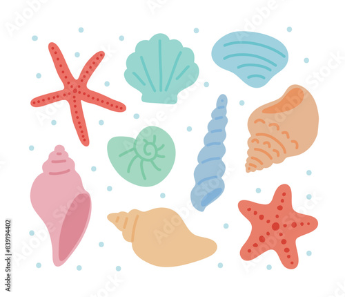 A set of cute hand-drawn illustration with the concept of summer sea. Whales, fish, seaweed, starfish, shells, pearls, coral.