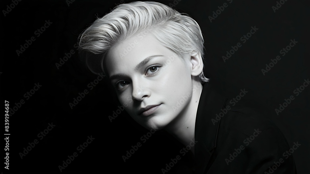 monochrome studio portrait of non-binary person looking at the camera monochrome studio portrait of non-binary person looking at the camera