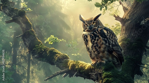 A wise old owl perched high in a towering tree, its piercing eyes surveying the forest below.