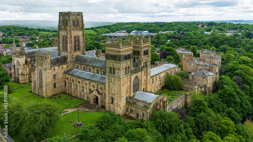 An aerial view of the Durham Cathedral, castle in Durham, UK photo