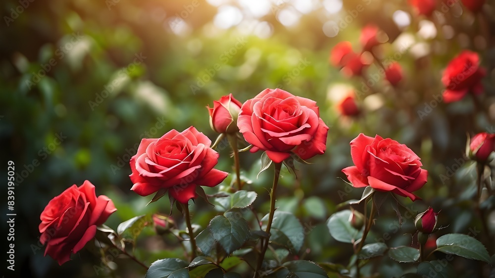 Immerse yourself in the romance of nature with this captivating outdoor scene of red roses in a garden, highlighted by a beautiful bokeh effect and generous free space for adding text. Immerse yourself in the romance of nature with this captivating outdoor scene of red roses in a garden, highlighted by a beautiful bokeh effect and generous free space for adding text.