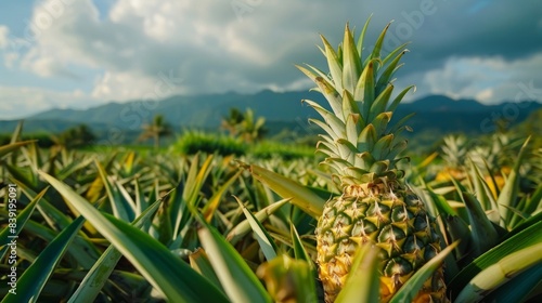 This image captures an agricultural landscape featuring rows of corn on the cob, tropical pineapple plants (Ananas), and lush green grass © Irfanan