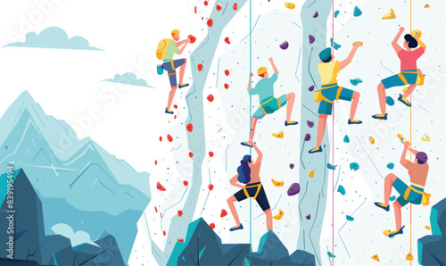 Illustration diverse climbers outdoor rock wall, active sportspeople ascending ropes gear. Three men two women enjoy mountain climbing activity, showcasing strength agility. Colorful sportswear