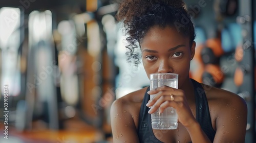 determined african american woman taking a refreshing water break during an intense gym workout promoting fitness and wellness technology concept photo