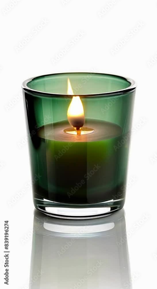 a Burning aroma candle in the beautiful dark green glass on the white background a Burning aroma candle in the beautiful dark green glass on the white background