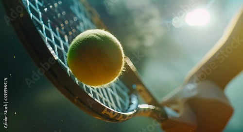 A close up of a tennis racket hitting a ball.