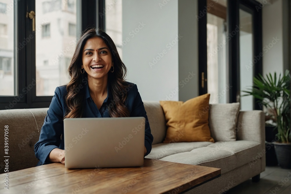 Naklejka premium Woman, ecommerce and excited with laptop for sales negotiation, product investment or client growth. Indian, person and happiness for business meeting, profit celebration or logistics target at work