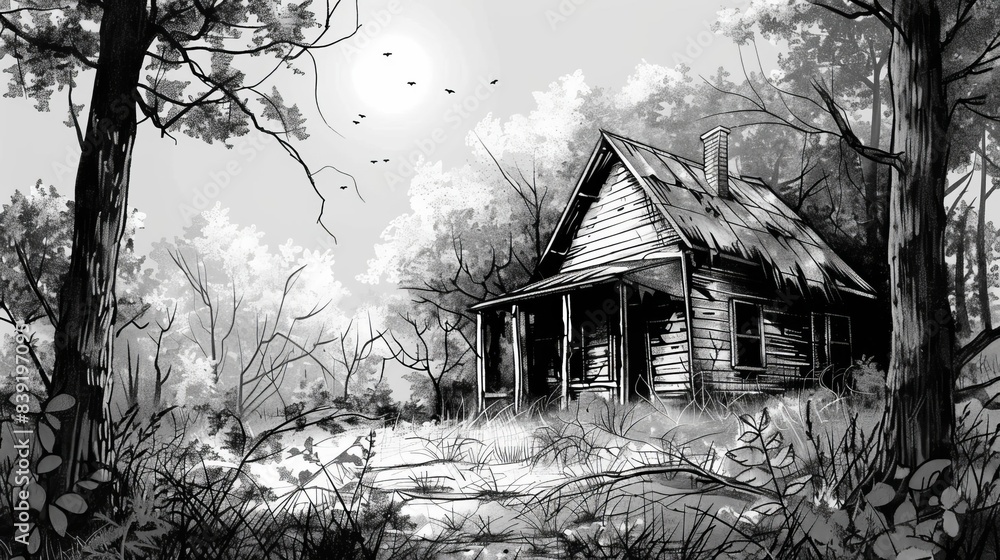 Obraz premium eerie abandoned shack in the woods black and white sketch illustration