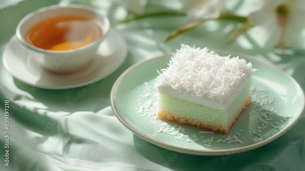 Slice of pandan cake with coconut toppings Slice of pandan cake with coconut toppings