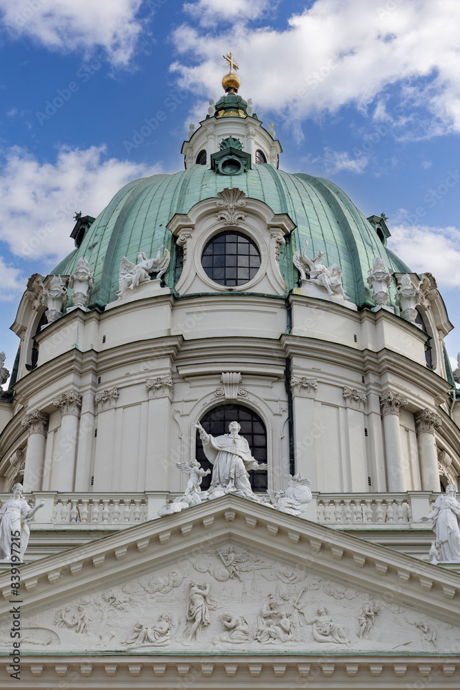 Dome of baroque Church of St. Charles (Karlskirche) located on Charles Square (Karlsplatz), Vienna, Austria