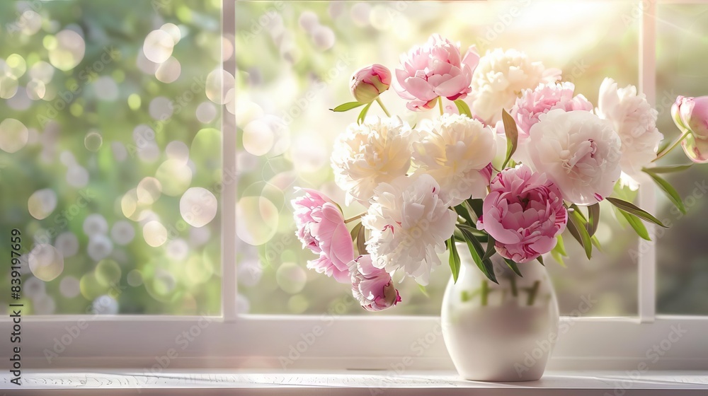 Obraz premium elegant pink and white peonies in vase on sunlit windowsill product display background