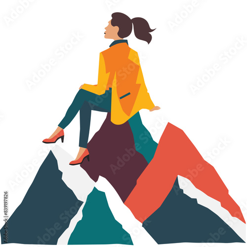 Woman sitting atop mountain peaks, contemplative pose, achievement concept. Casual attire, stylized graphic, self reflection, success metaphor, orange teal tones. Young female achiever, modern