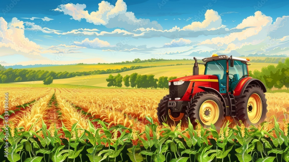Obraz premium This image depicts a serene green nature scene with a tractor wheel set against a backdrop of cloudy sky and lush plant life
