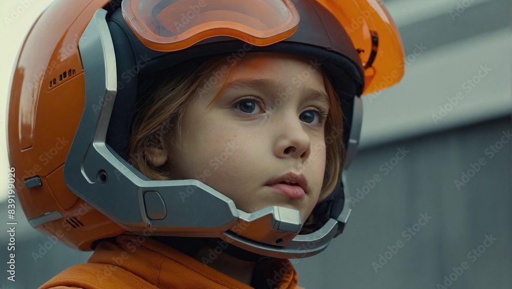 oung girl, possibly a child, wearing a futuristic orange helmet with a visor oung girl, possibly a child, wearing a futuristic orange helmet with a visor