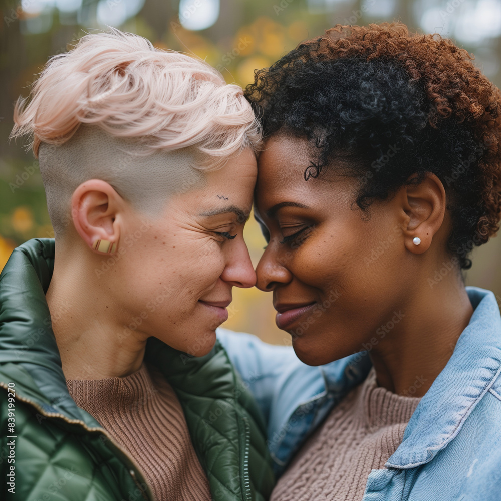 LGBTQIA couple sharing a tender moment outdoors LGBTQIA couple sharing a tender moment outdoors