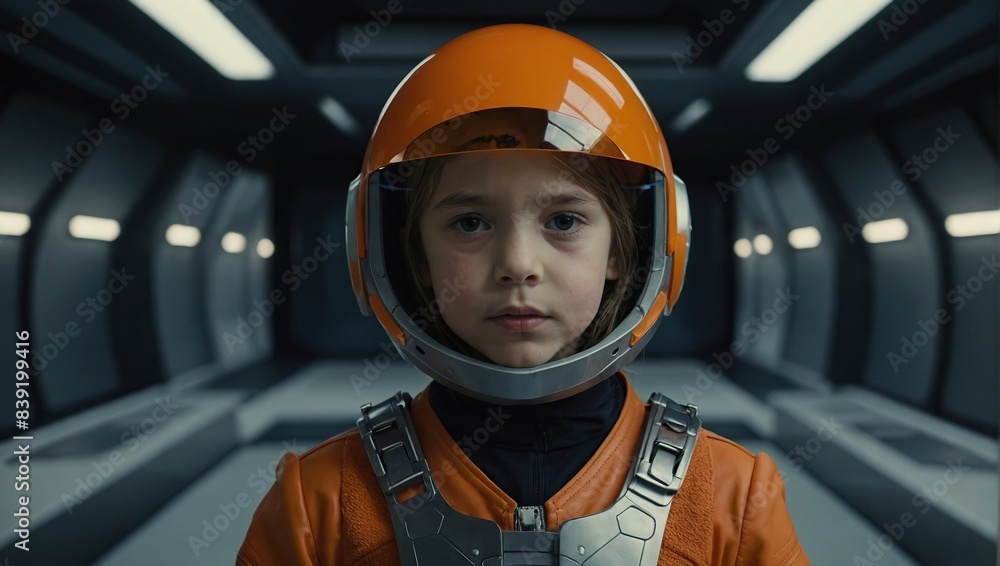 oung girl, possibly a child, wearing a futuristic orange helmet with a visor oung girl, possibly a child, wearing a futuristic orange helmet with a visor
