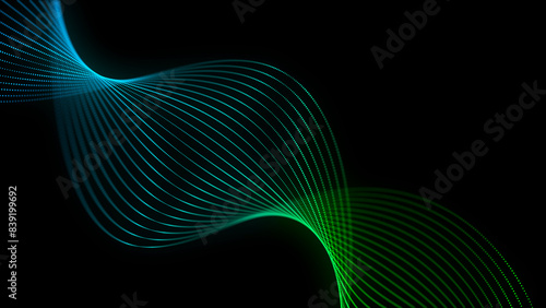Abstract twisted wave with green light on black background. Science background with moving lines and dots. Network connection technology. Digital structure with particles. 3d rendering.
