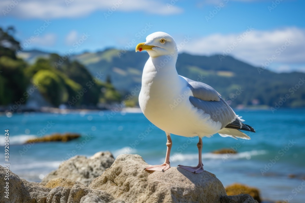 Sharp image of a seagull standing on rocks with a serene beach and blue sky background Sharp image of a seagull standing on rocks with a serene beach and blue sky background