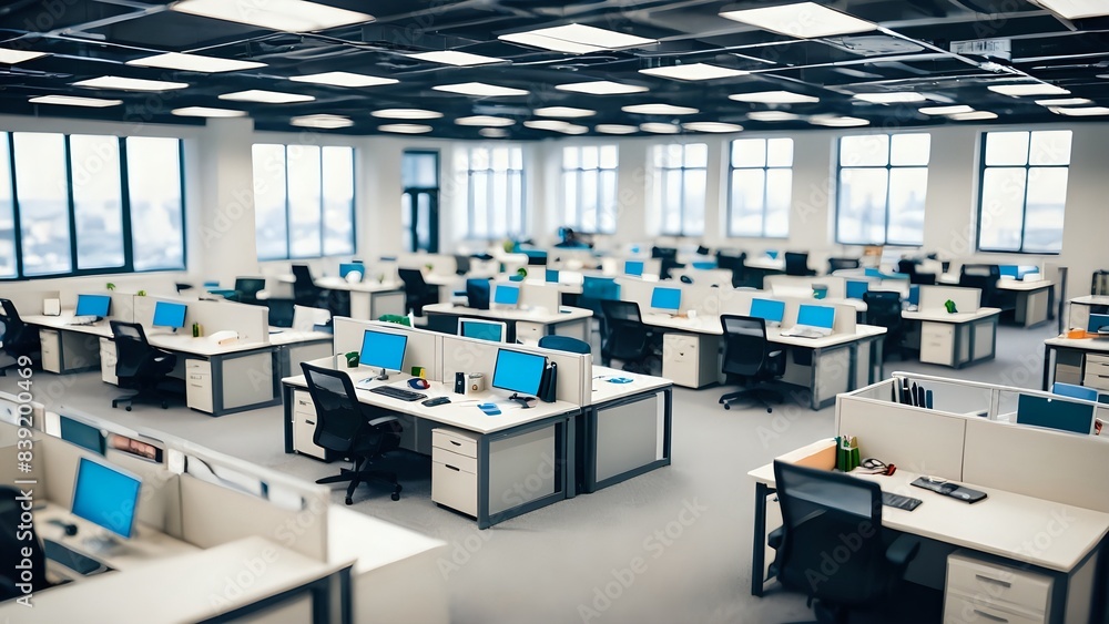 3d rendered graphic of office interior. Tilt-shift shot. Clean, organized layout. Unmanned office. 3d rendered graphic of office interior. Tilt-shift shot. Clean, organized layout. Unmanned office.