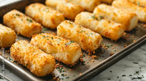 freshly handrolled mozzarella sticks arranged on baking sheet ready for cooking appetizing food photography photo
