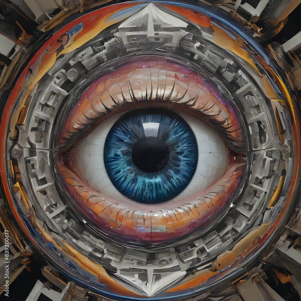 a picture of a large eye with a building in the background