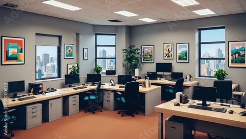 3d rendered small office interior. Anime style. Vivid and bright colors. Skyscrapers and blue sky seen through windows. Wooden desks, black chairs, computers.