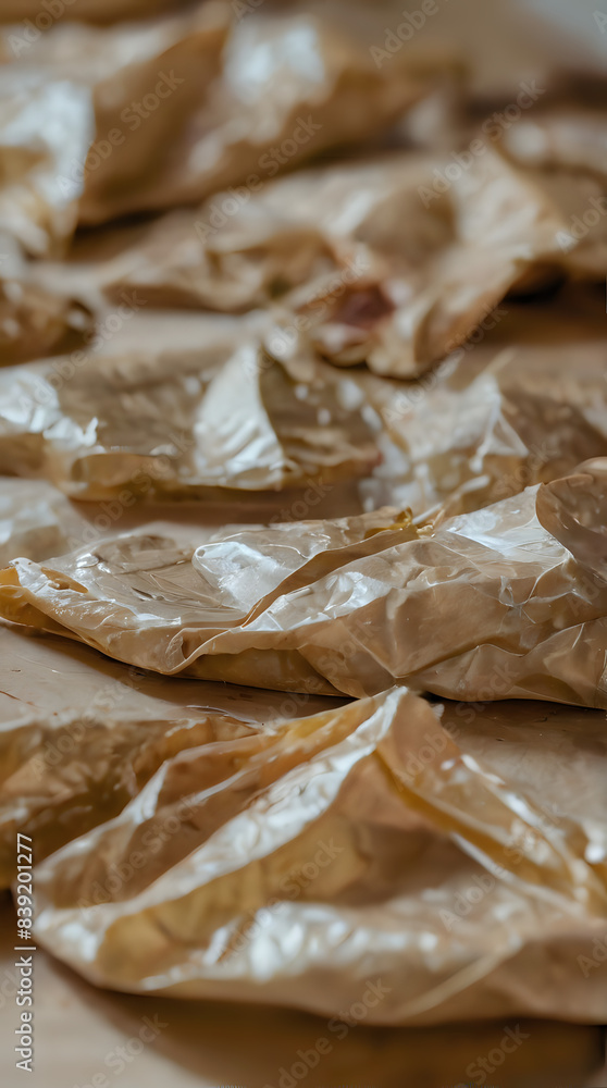 a many pieces of bread wrapped in plastic on a table a many pieces of bread wrapped in plastic on a table