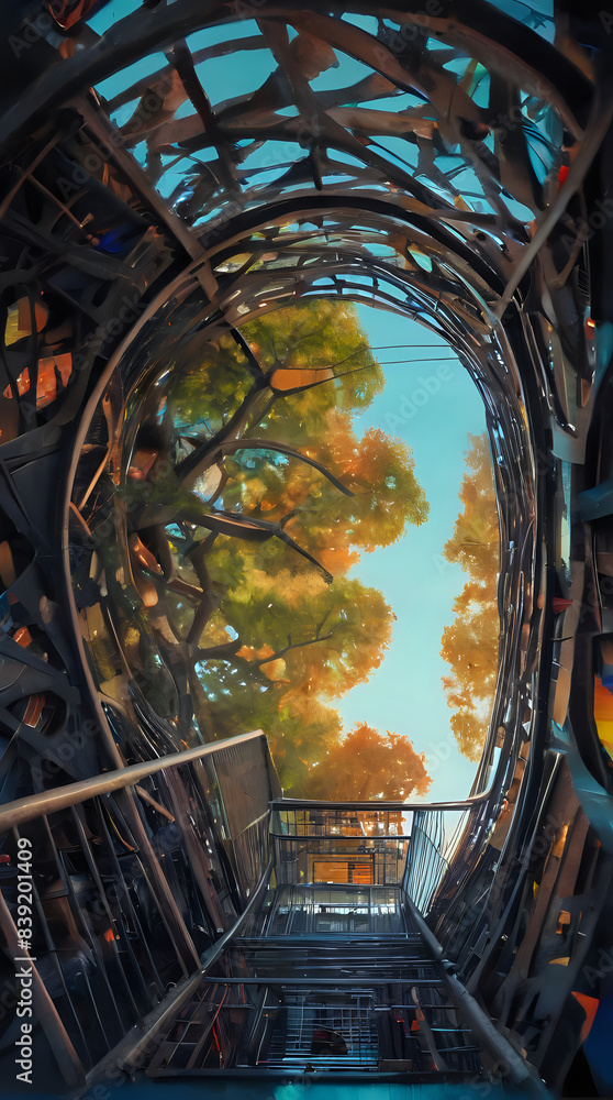 Obraz premium a painting of a spiral staircase going up to a tree