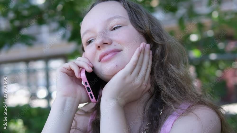 Close-up of a happy, beautiful young girl talking on the phone, holding the phone to her ear Close-up of a happy, beautiful young girl talking on the phone, holding the phone to her ear