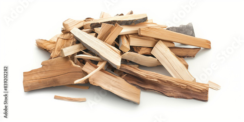 A neatly stacked pile of kindling wood pieces on a white background. The split logs are ready for use in starting fires, showcasing their natural textures and colors