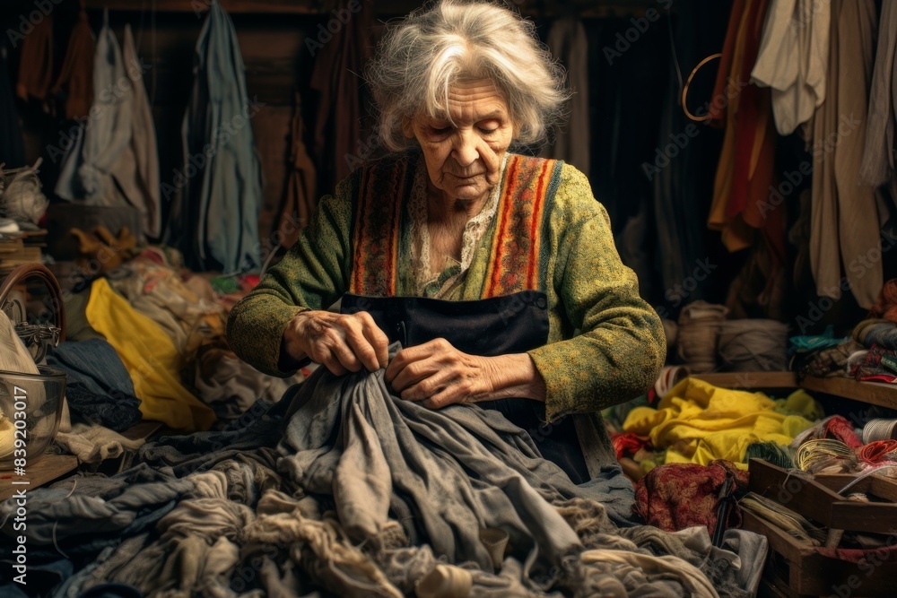Senior woman sews fabric attentively amidst a rustic setting filled with textiles Senior woman sews fabric attentively amidst a rustic setting filled with textiles