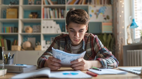 Teen boy setting financial goals with a planner and technology on a desk