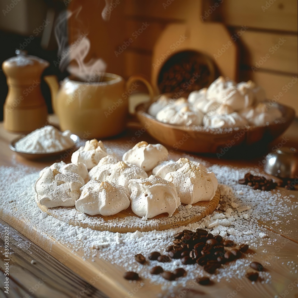 Rustic kitchen scene featuring freshly made meringue cookies dusted with powdered sugar, surrounded by kitchen utensils and coffee beans. Rustic kitchen scene featuring freshly made meringue cookies dusted with powdered sugar, surrounded by kitchen utensils and coffee beans.