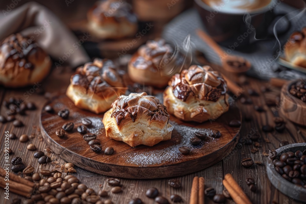 Delicious freshly baked pastries topped with chocolate and sprinkled with powdered sugar, served with coffee beans and cinnamon sticks. Delicious freshly baked pastries topped with chocolate and sprinkled with powdered sugar, served with coffee beans and cinnamon sticks.