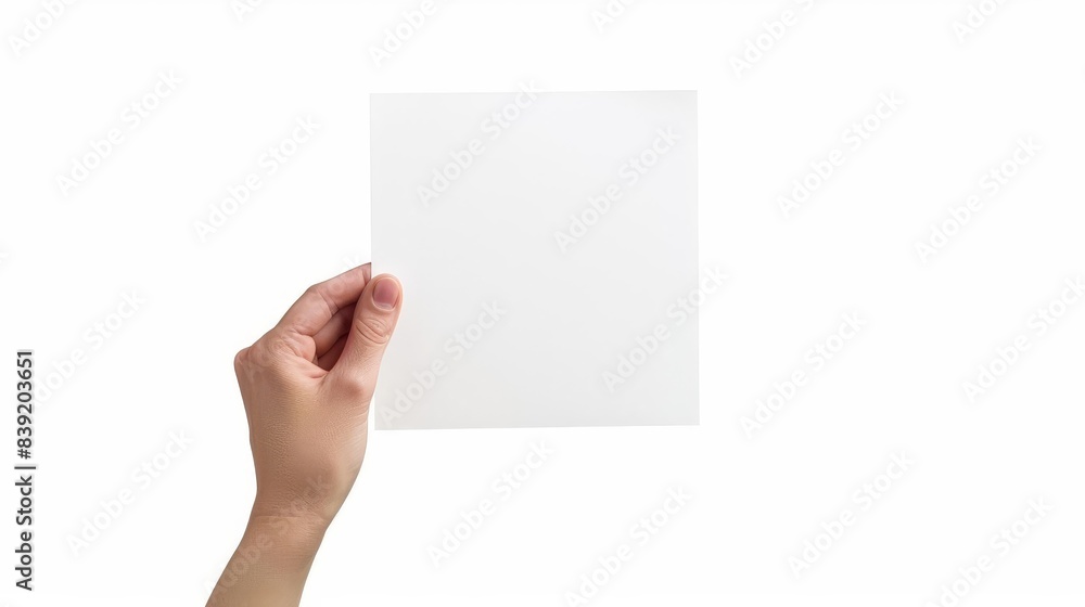 hand holding blank square paper sheet for copy space isolated on white cutout hand holding blank square paper sheet for copy space isolated on white cutout