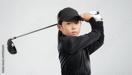 Young Golfer Swinging Club on White Background.