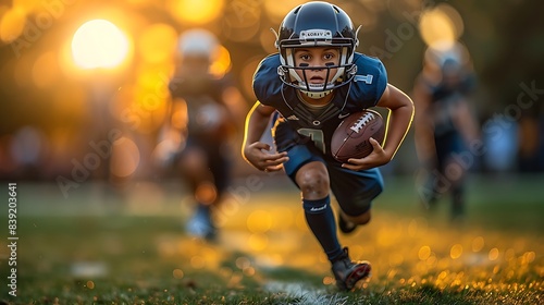 boy training in a youth football camp sprinting down the field with a football tucked under his arm as he evades tacklers photo