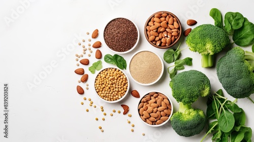 Vegan protein source - beans, lentils, nuts, broccoli, spinach and seeds with nuts, healthy vegetarian food.