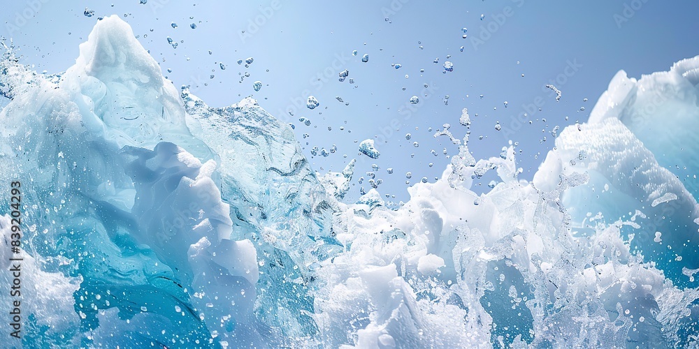 Close view of a glacier calving, ice breaking off sharply, dynamic and powerful, clear sky backdrop. Close view of a glacier calving, ice breaking off sharply, dynamic and powerful, clear sky backdrop.
