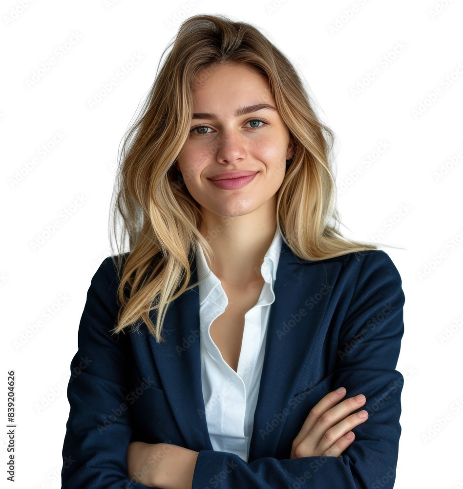 Confident Woman in Blue Blazer Smiling Against White Background Confident Woman in Blue Blazer Smiling Against White Background
