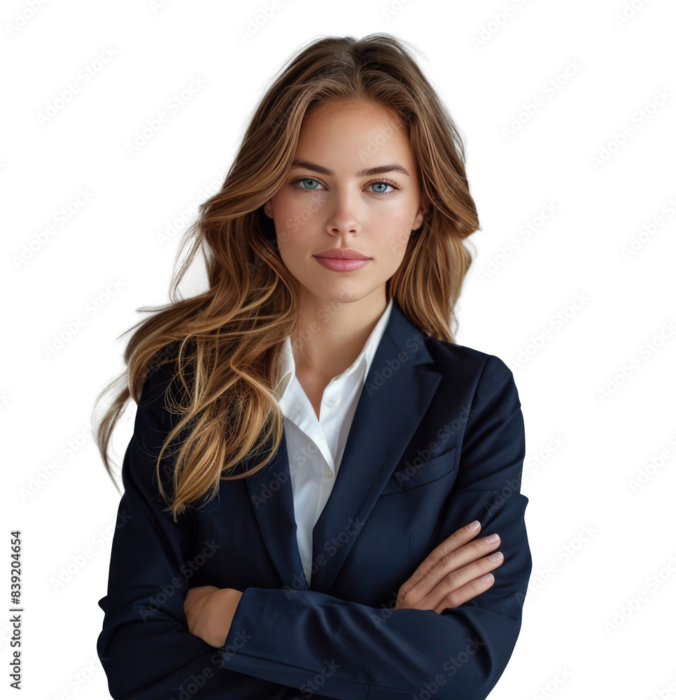 Confident Woman in Blue Blazer Smiling Against White Background Confident Woman in Blue Blazer Smiling Against White Background